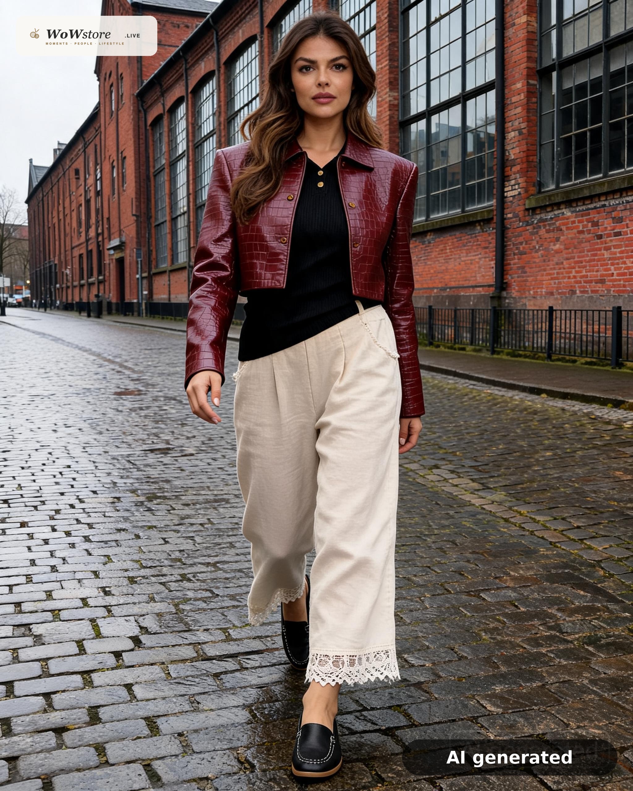 Look one: burgundy crocodile-embossed cropped leather jacket over a black ribbed polo, cream linen wide-leg cropped trousers with a lace hem, black loafers. AI render of real WowStore.live pieces