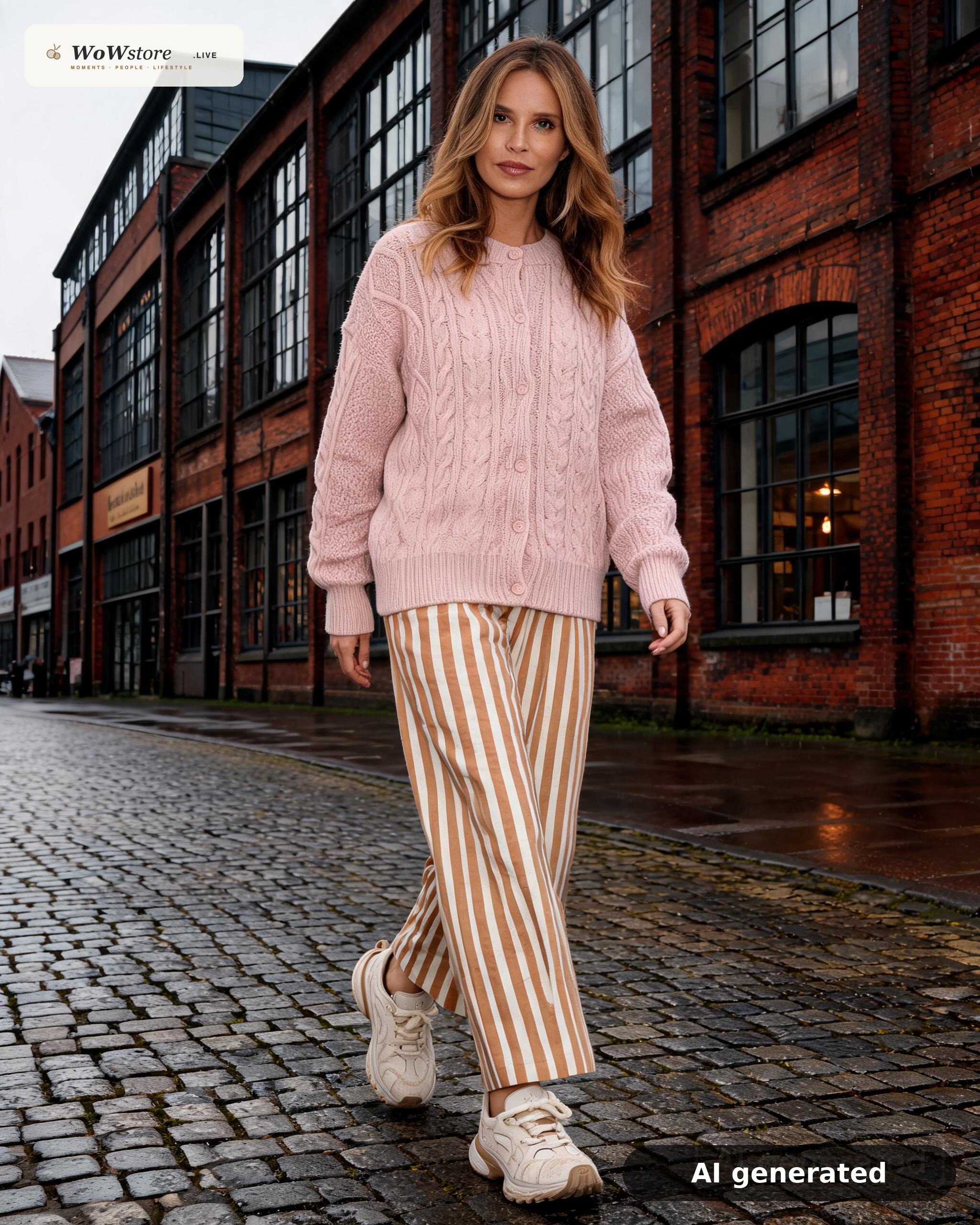 Look two: dusty pink cable-knit cardigan, camel and cream vertical-stripe wide-leg trousers, beige chunky-sole sneakers. AI render of real WowStore.live pieces