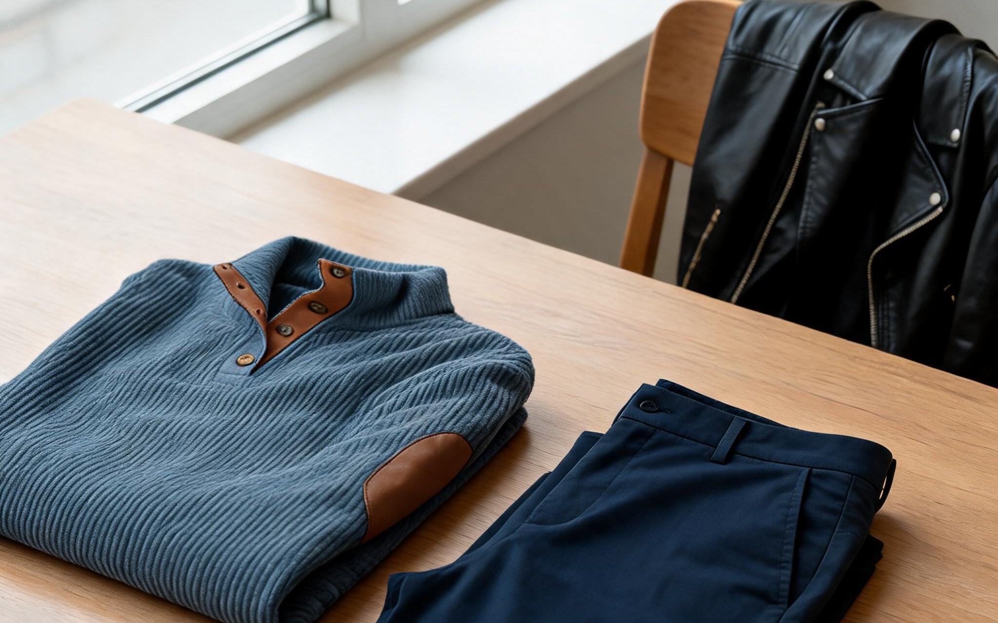 Corduroy pullover, chino en leren jas uit de herencollectie, AI render van echte producten