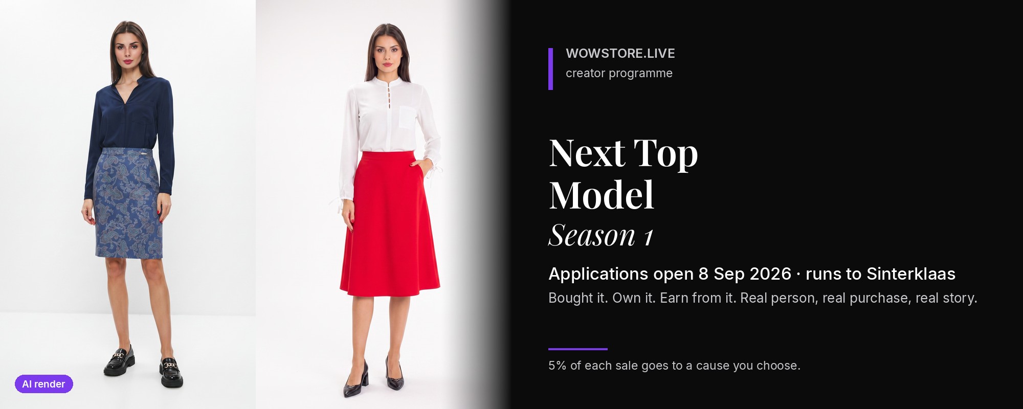 Next Top Model, Season 1 - AI render of real WowStore pieces on a model, with the WowStore.live mark